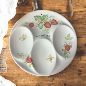 Ceramic Spoon Rest Strawberry Butterfly Vtg Design Round Hole For Hanging READ